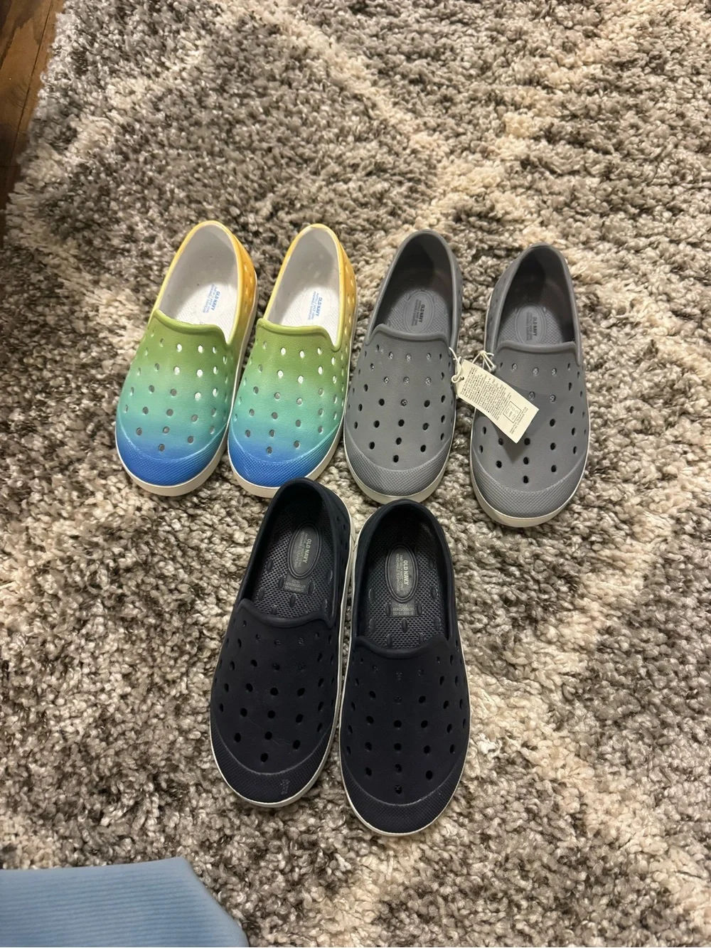 Old Navy Kids Slip-On Water Shoes in Gradient Blue-Green-Yellow, Gray, and Black
